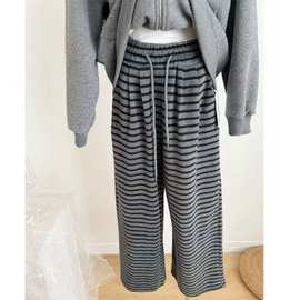 撞色抽绳条纹阔腿裤女秋冬新款加绒加厚女裤宽松慵懒感直筒休闲裤