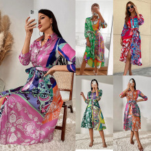 2023跨境速卖通亚马逊秋冬爆款女装绑带印花polo领气质中长连衣裙