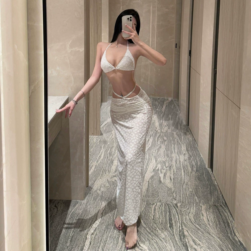 Swimwear, split sexy set, long skirt, push up bra, 4 piece set