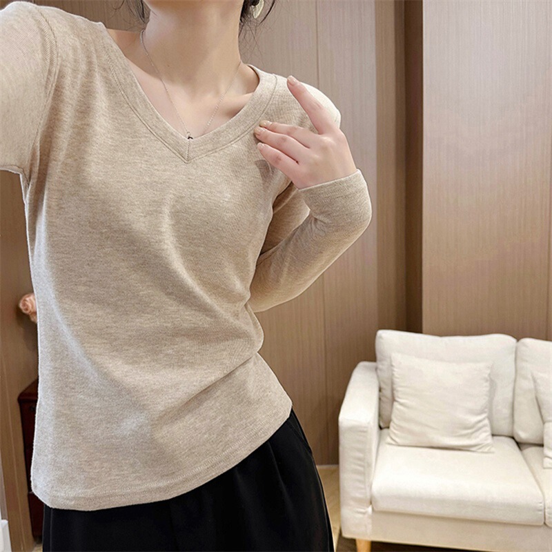 4618 # Official Image 280g Threaded Velvet V Neck Bottoming Shirt for Women in Spring, Autumn and Winter with Thickeneded Velvet Long-Sleeved T-Shirt