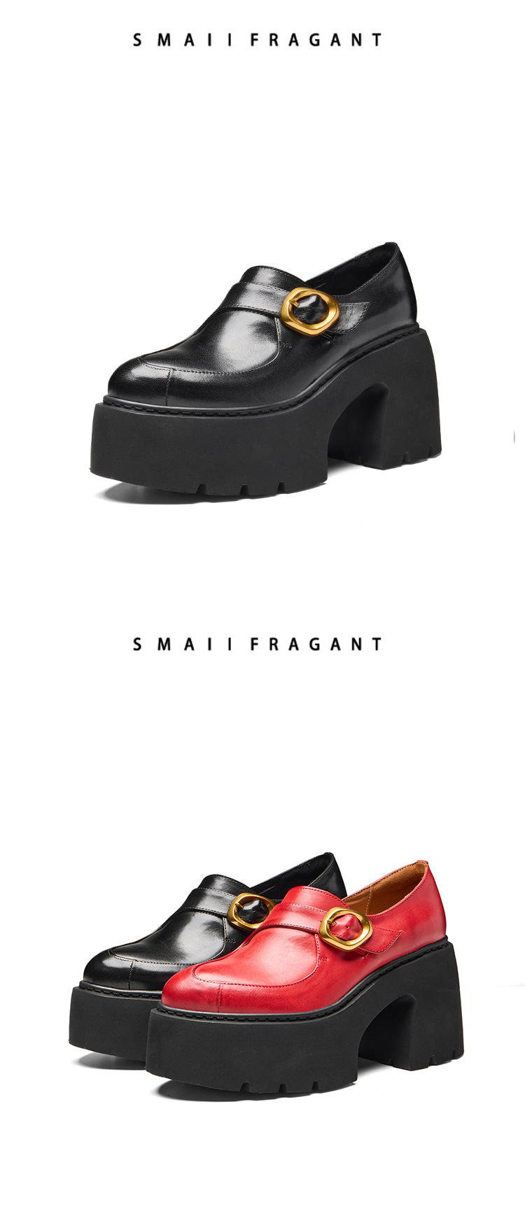 Giày loafer nữ gót vuông cao 10 cm, phong cách Pháp cổ điển, đế dày tăng chiều cao — màu đen chi tiết 9