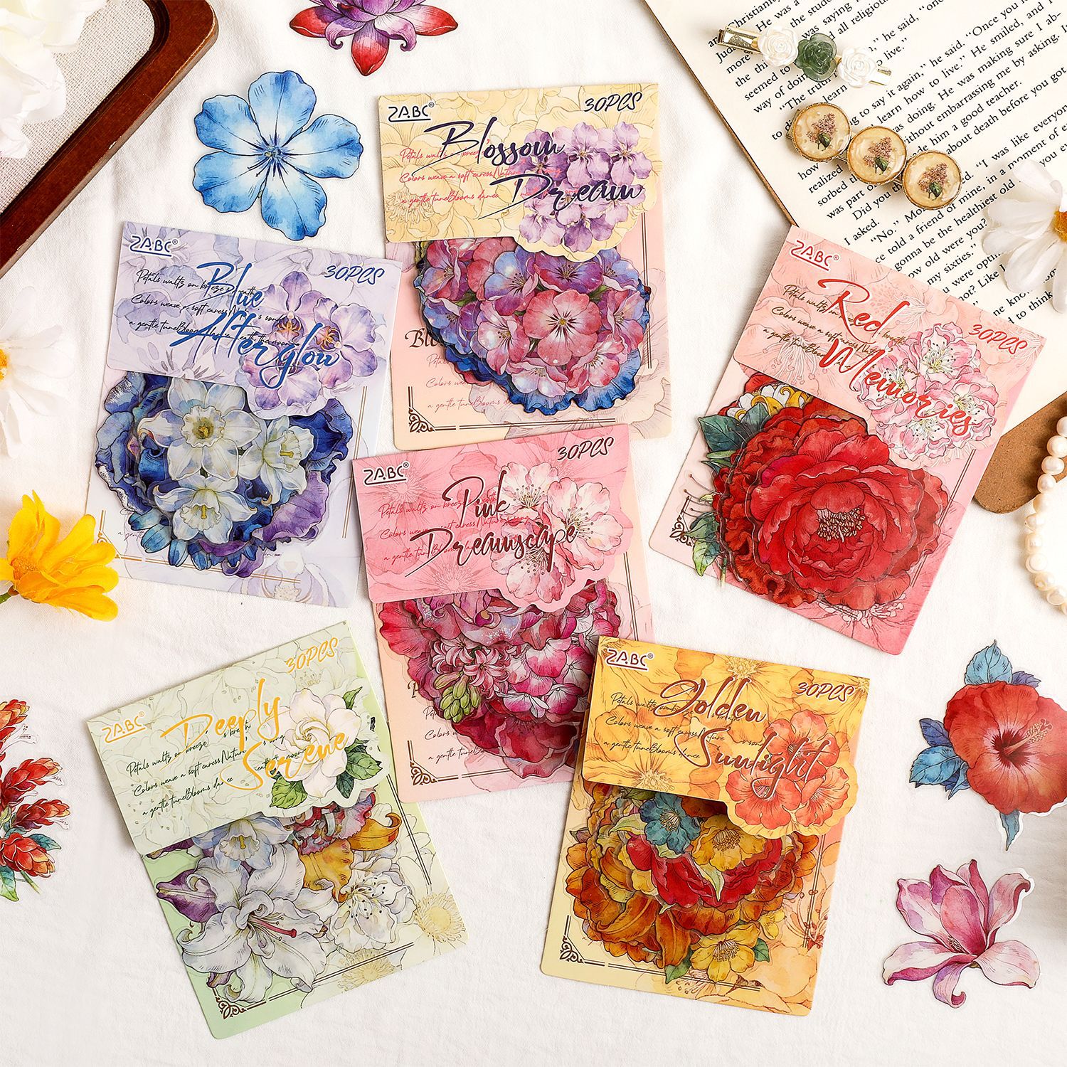 Zabc Cross-Border Pet Die-Cut Sticker Pack Flower Waltz Series Retro Floral Theme 30 Sheets in 6 Designs to Choose from