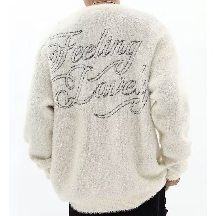 Herren Oversized Strickpullover mit Gothic-Engelsprint, weich und warm, aus Fleece, Schwarz/Beige, Wintergröße M-XXXL_voghion.com