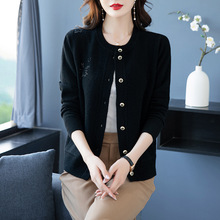 濮院纯羊毛开衫女秋冬季新款圆领宽松外套中年妈妈有口袋针织毛衣