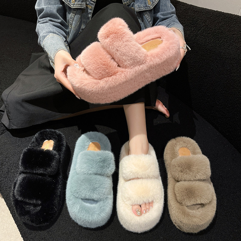 Pantuflas peludas de suela gruesa estilo occidental para mujer, nuevas, de doble cara, para otoño e invierno, de terciopelo rosa y algodón._voghion.com
