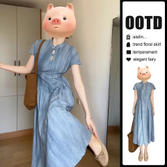 新しい中国風の改良されたチャイナドレスブルードレス婦人服2025夏の新しいスタイルの控えめで雰囲気のある女性用ロングスカート