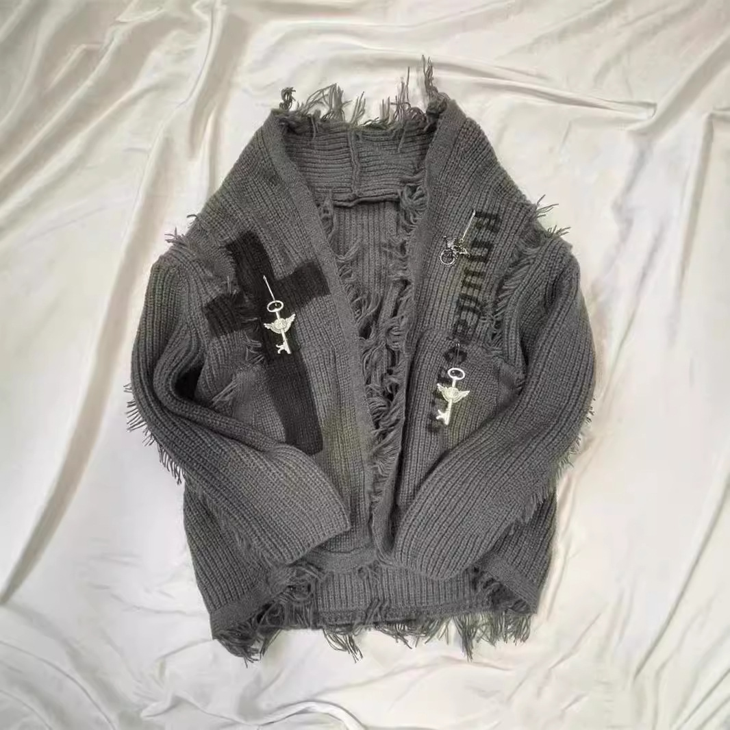 Abbigliamento da uomo, maglione cardigan strappato retrò in stile dark subculture, giacca in maglia punk di media lunghezza da uomo e da donna_voghion.com