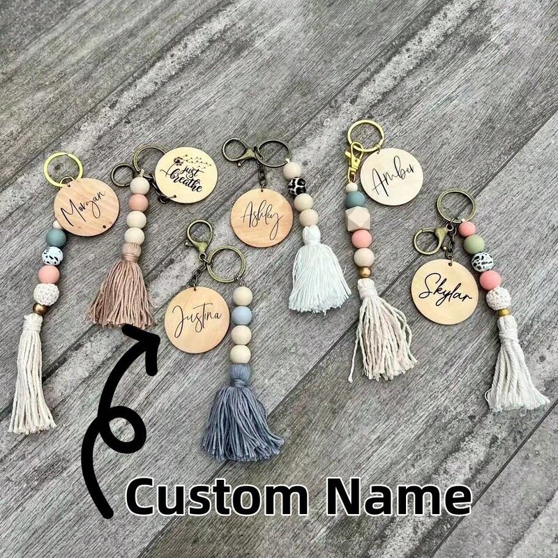 Scandinavian Style Round Wood Chips and Wood Beads String Tassel Keychain Pendant Silicone Beads Handmade Engraved Name Gift