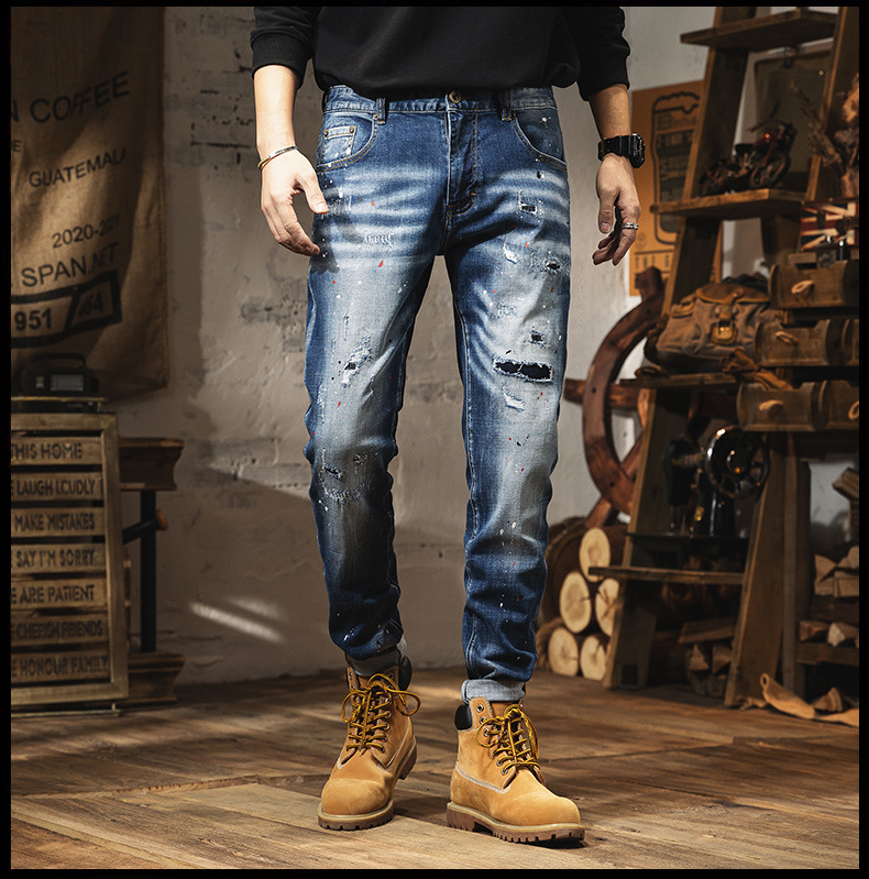 Men's Clothing Retro Light-colored Jeans For Men In Spring Trendy Brand Ripped Trousers Slim Fit Small Feet Washed Men's Trousers Spring And Summer_voghion.com