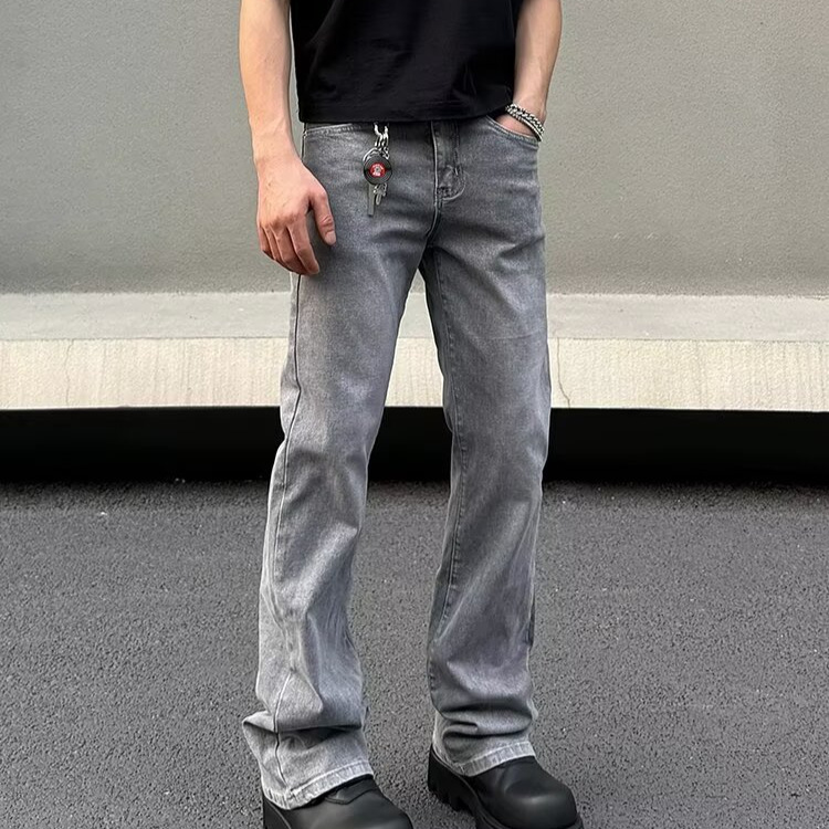 Men's Gray American Streetwear Vintage Wash Flared Jeans, Relaxed Fit Bootcut Denim Pants With Distressed Details For Urban Fashion_mkmklike.com