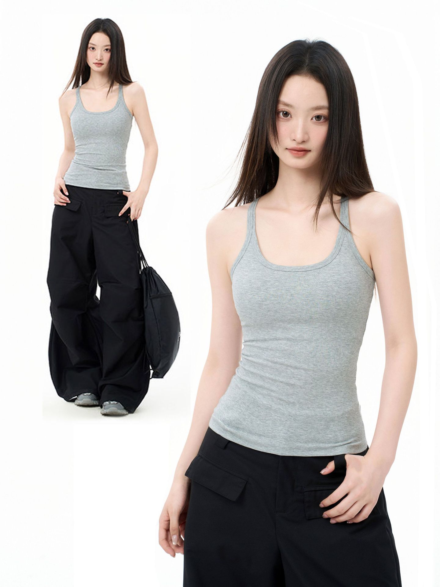 American-Style Spicy Girl Gray Camisole with Chest Pads for Women, Summer Outerwear or Inner Layer, 2026 New Model, Beautiful Back, Sleeveless Top