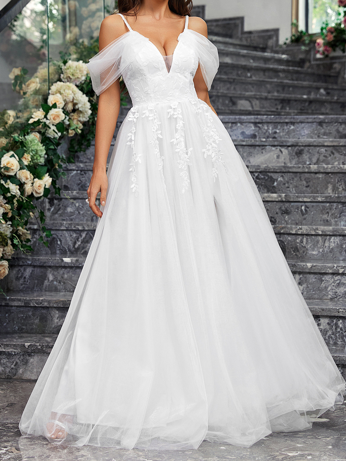 Comercio exterior europeo y americano nuevo vestido de novia Amazon sexy cabestrillo malla encaje gran swing boda novia vestido de novia al por mayor