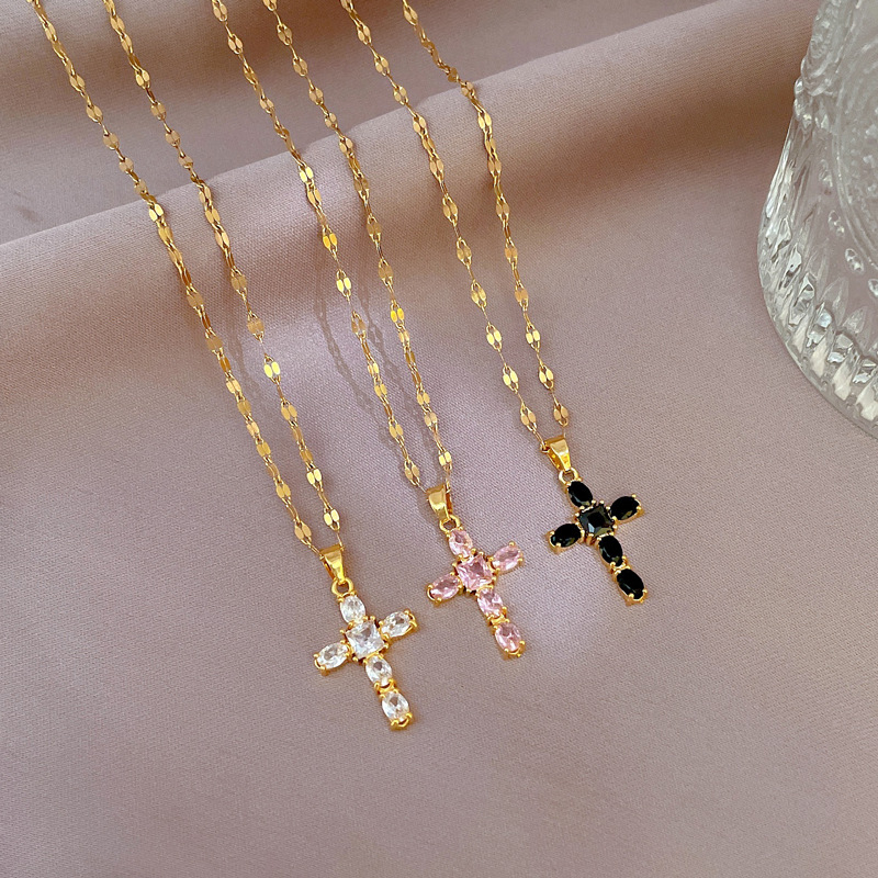 Fashion Cross Titanium Steel Plating Inlay Zircon Pendant Necklace 1 Piece