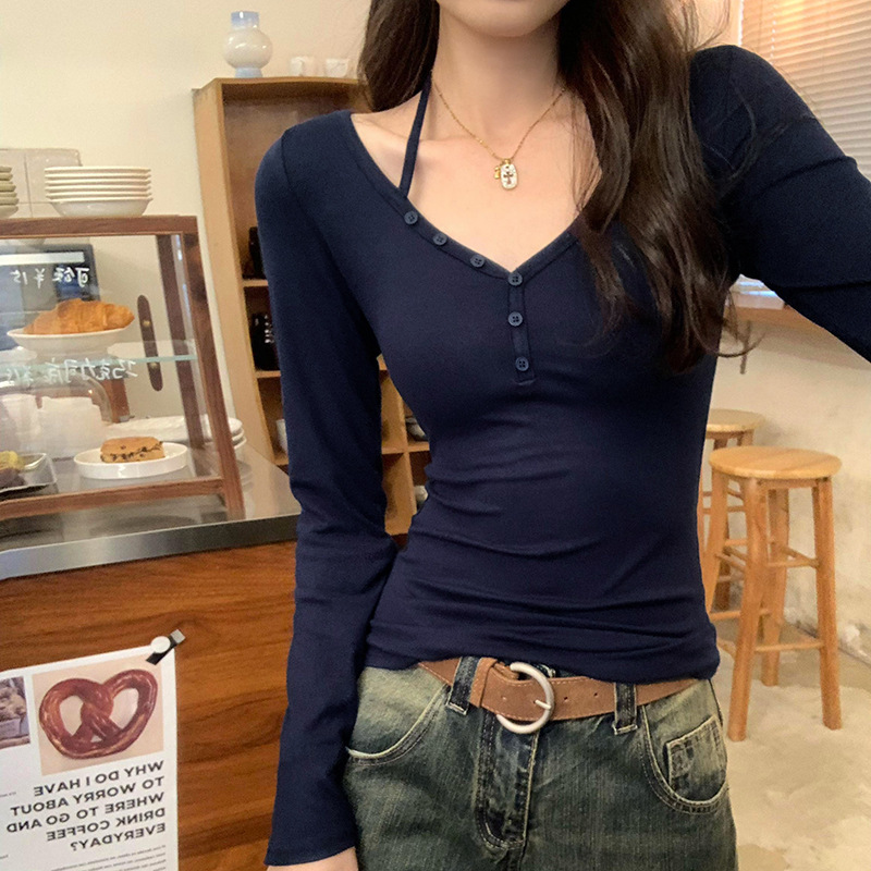 2026 Early Spring Mall Fashion Hot Girl Halter Neck Button V-Neck Inner Layering Top for Women, New Spring and Autumn Slim Fit Long Sleeve T-Shirt 2026 Early Spring Mall Fashion Hot Girl Halter Neck Button V-Neck Inner Layering Top for Women, New Spring and Autumn Slim Fit Long Sleeve T-Shirt