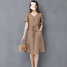 棉麻a字连衣裙2025夏天V领气质时尚洋气收腰显瘦亚麻中长款裙子潮