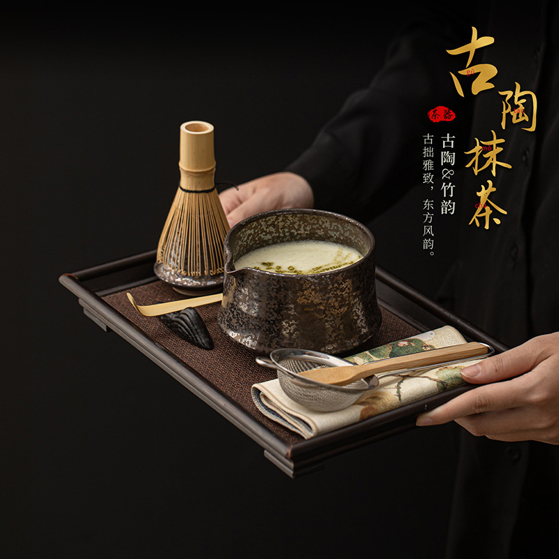 Bamboo-patterned antique pottery matcha eight-piece set, imitation Song Dynasty tea preparation set, tea accessories, matcha bowl, tea whisk, tea brush, frothing tool, and stirring device