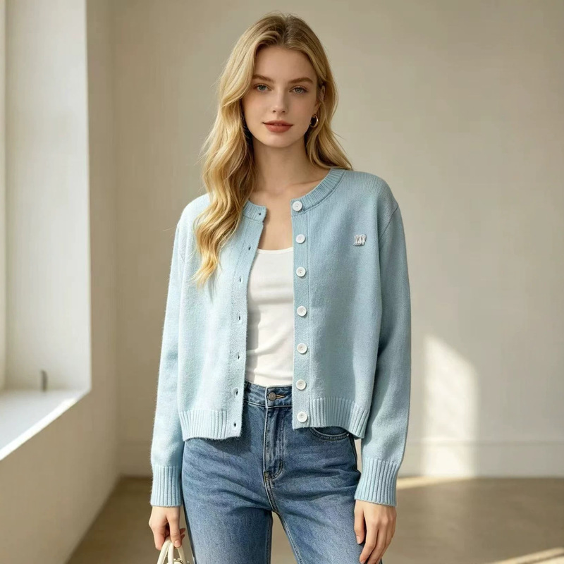 Cross-Border European and American Autumn New Style Sheep Wool Light Blue Knitted Cardigan Casual Lazy Style Solid Color Sweater Women's Coat Cross-Border European and American Autumn New Style Sheep Wool Light Blue Knitted Cardigan Casual Lazy Style Solid Color Sweater Women's Coat