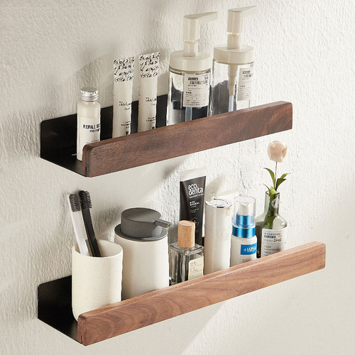 Black walnut bathroom storage rack wall-mounted light luxury living room wall partition punch-free bathroom storage rack