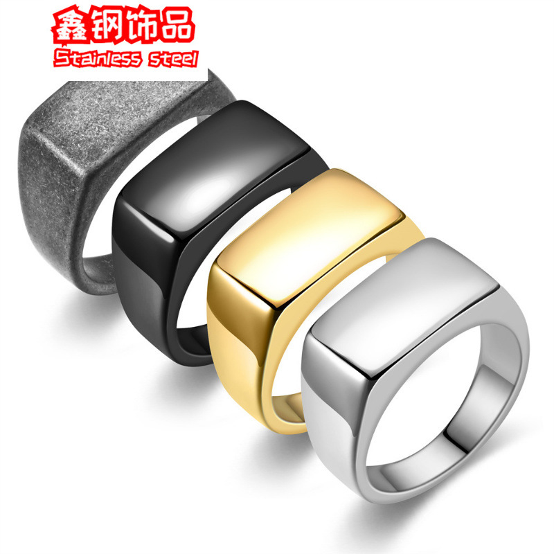 European and American Men's Simple Fashionable and Personalized Hip-Hop Rectangular Glossy Ring Cross-Border Stainless Steel Ring Can Be Engraved
