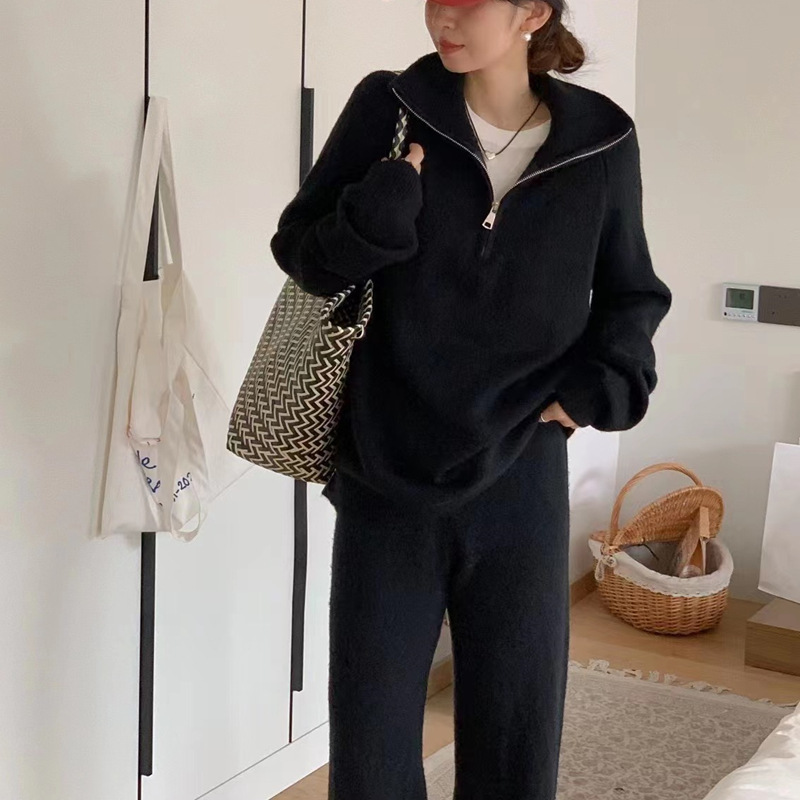 Women’s Korean Style Knit Sweater & Wide Leg Pants Set – Lapel Half-Zip Lounge Suit (One Size, 6 Colors)_voghion.com