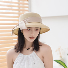 遮阳草帽女夏季优雅蝴蝶结卷边渔夫帽可折叠沙滩帽遮脸防晒太阳帽