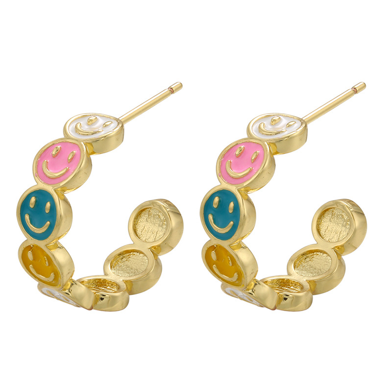 Colorful dripping smiley face C-shaped 18K gold-plated copper earrings