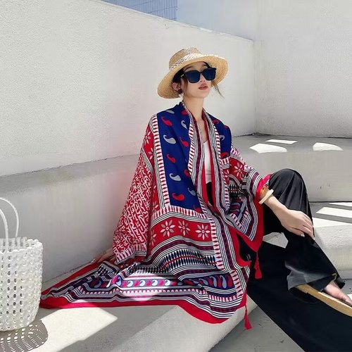 Beach shawl sunscreen scarf silk scarf summer travel photo ethnic style seaside vacation scarf versatile long women