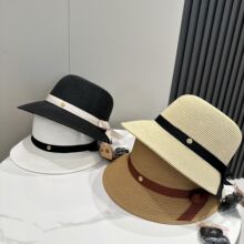 清新田园风金属扣蝴蝶结细织带大帽檐圆顶草帽沙滩帽度假出游盆帽