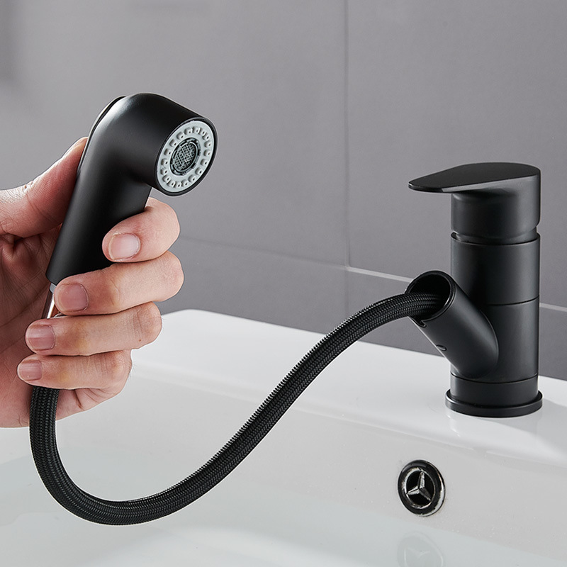 Pull-Out Hot and Cold Washbasin Faucet Household Black Single-Hole Rotating Telescopic Low Faucet Anti-Splash