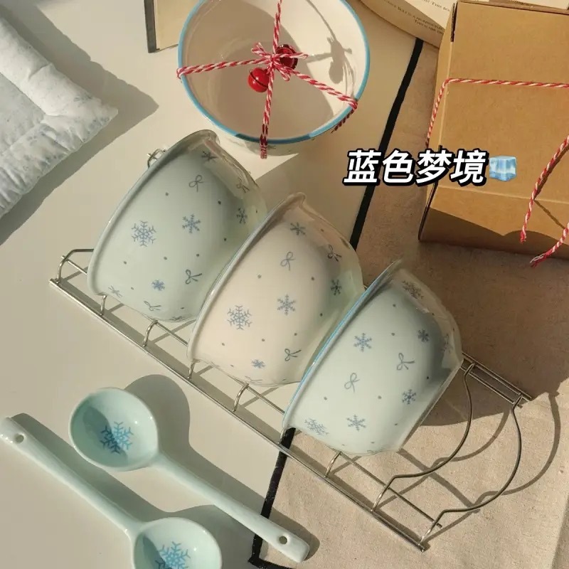 【初雪】新款高温釉下彩陶瓷餐具套装ins风奶蓝色简约家用碗盘|undefined