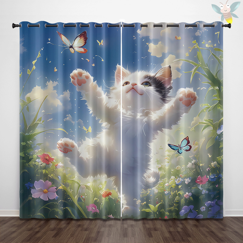 Foreign Trade Cross-Border Blackout Curtains Wholesale Cartoon Cat 3D Printing Home Bedroom Sun Protection Window Sunshade Manufacturer