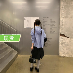 le rouge周美美 新学院主义蓝白格子可拆卸连帽翻领衬衫