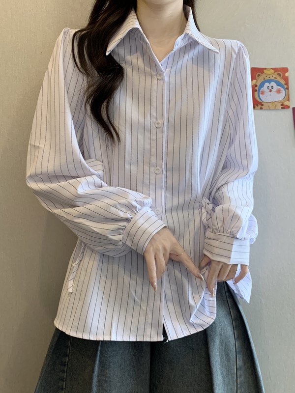 时尚法式条纹长袖衬衫早秋2025新款大码女装胖MM收腰衬衣上衣|undefined