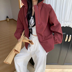 秋季新款韩版休闲时尚简约纯色净版双拉链宽松连帽风衣外套女2524