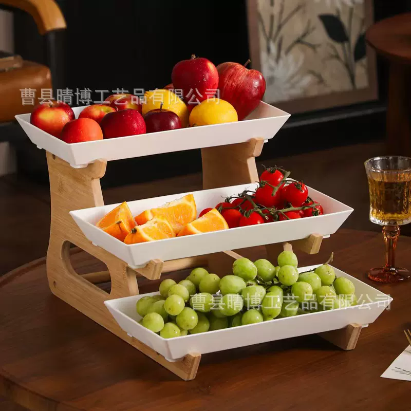 竹质方形水果架新款创意客厅三层水果收纳架家用零食点心置物架