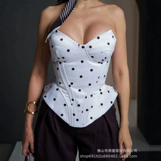 跨境欧美波点抹胸定制性感辣妹鱼骨波点裹胸背心紧身收腰上衣女