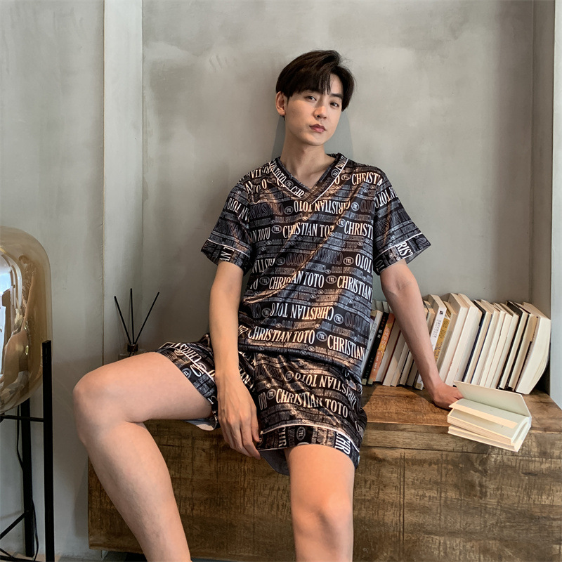 夏季短袖薄款冰丝睡衣V领套头丝绸男士休闲家居服两件套装批发