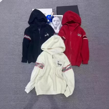 In-Stock High-Volume Nanyou Quality Loop Yarn Four-Stripe Puppy Pattern Hooded Warm Cardigan Jacket Top