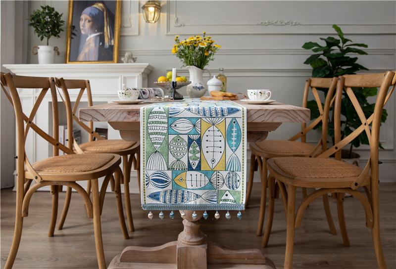 Tovaglia in poliestere con nappe in ciniglia a piccoli pesci verdi annuali, runner da tavola fresco_voghion.com