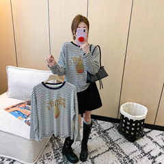 秋季新款韩版休闲时尚简约字母水果印花条纹宽松长袖T恤衫女1326