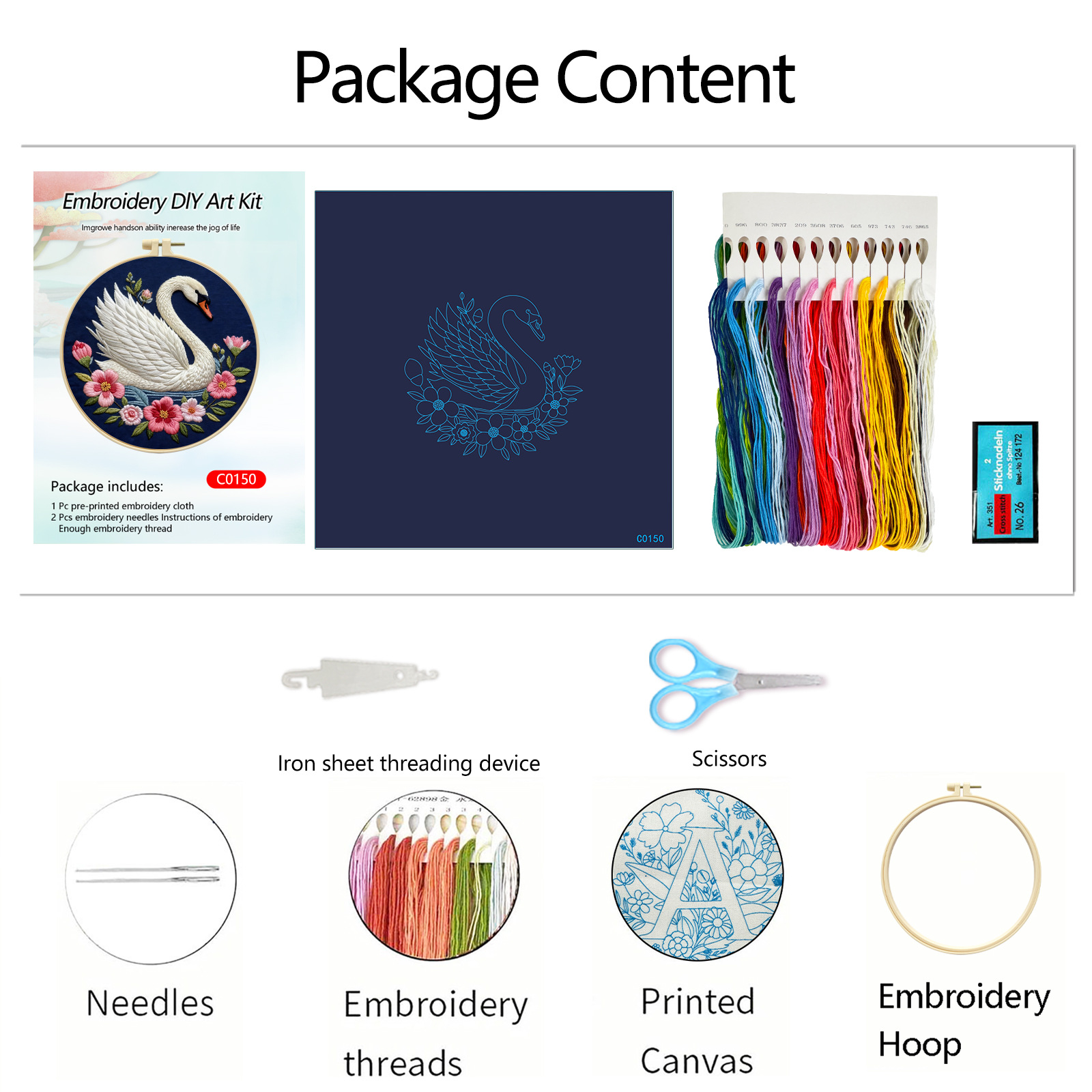 Flor hecha a mano patrón bordado DIY material paquete de cisne blanco creativo bordado de animales tela colgante principiante