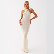 欧美跨境新款女纯色针织钩花沙滩连衣裙罩衫露背防晒长款连衣