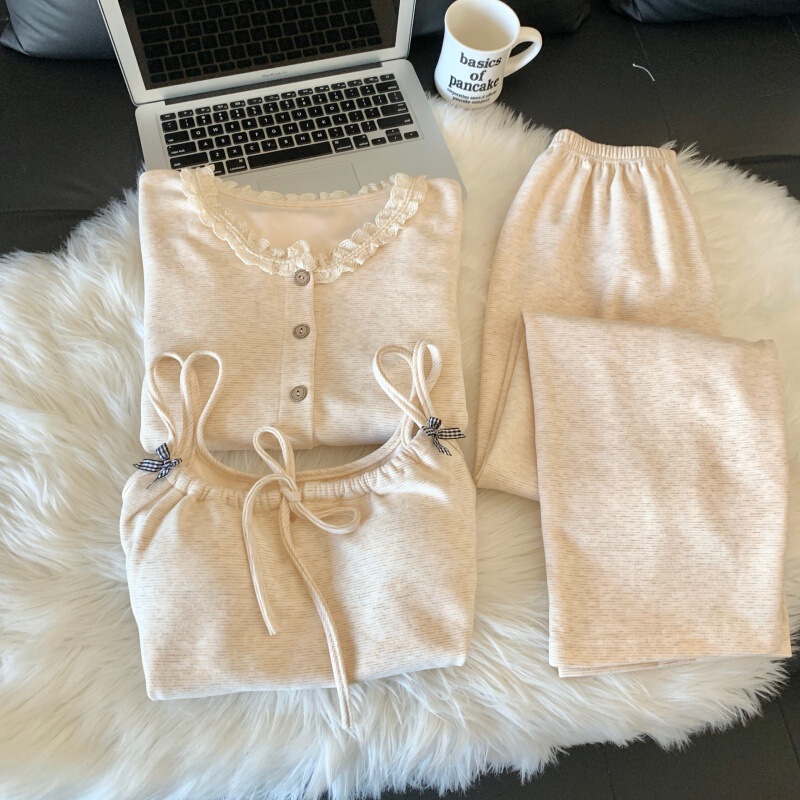 Autumn and Winter New Warm Cashmere Pajamas Three-Piece Set for Women with Sweet Bow Suspenders Apricot Home Clothes That Can Be Worn Outside