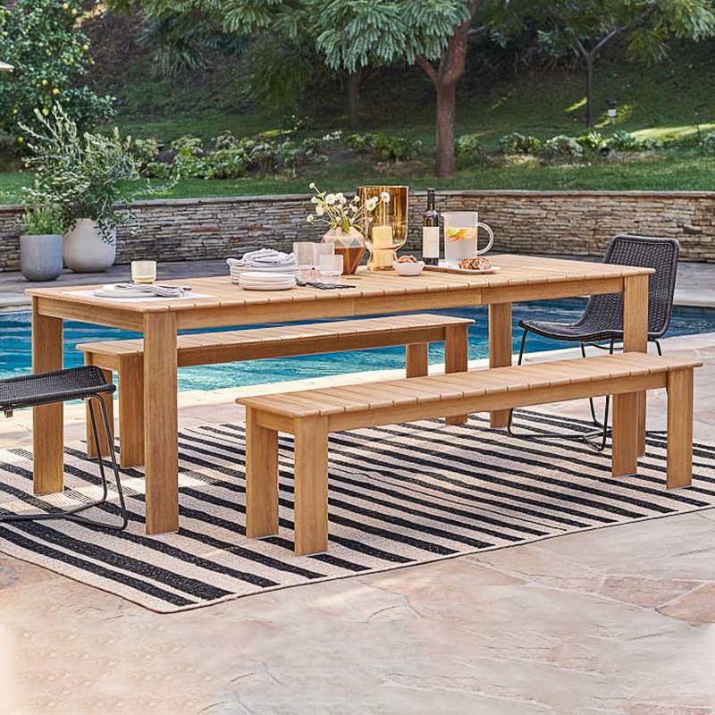 Mesas y sillas para exteriores, jardín con patio, conjunto de muebles de ratán impermeables y resistentes al sol, terraza de villa, banco largo de madera maciza.