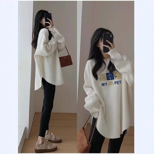 Women's White Long-Sleeve T-Shirt for Spring and Autumn/Winter, Fleece Lined, Thick, Loose Fit, Mid-Length, Bottom Covering, Layering Top, Base Shirt
