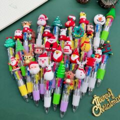 Cartoon Christmas Mini Four-Color Round Pen Santa 4-Color Handwritten Notebook Pen Colorful Click Pen Student Award Gift