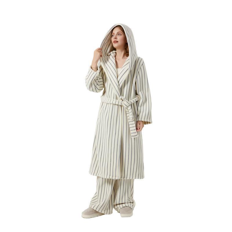 2025 Winter New Cross-Border Flannel Hooded Bathrobe Large Size Loose Scandinavian Style Home Wear Pajamas for Women