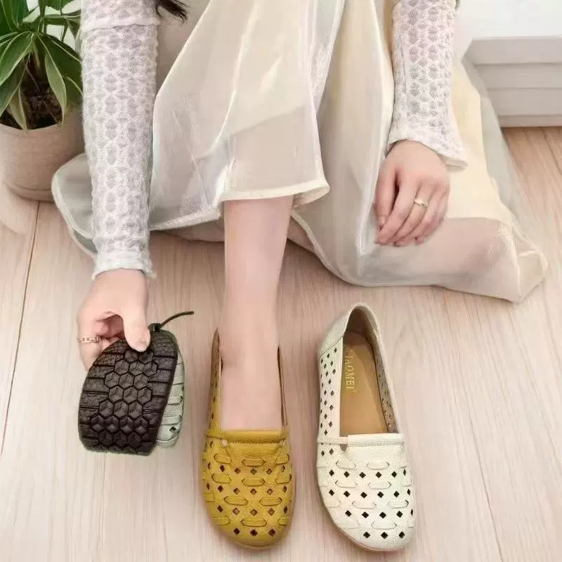 2025 новые летние стильные туфли с вырезами, мягкой подошвой, на одной ноге, повседневные дышащие туфли для мам, балетки для женщин