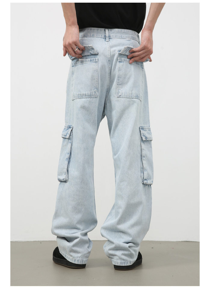 Quần jean nam ống rộng ống đứng dáng suông, vải denim giặt cổ điển, nhiều túi — Màu xanh lam chi tiết 5