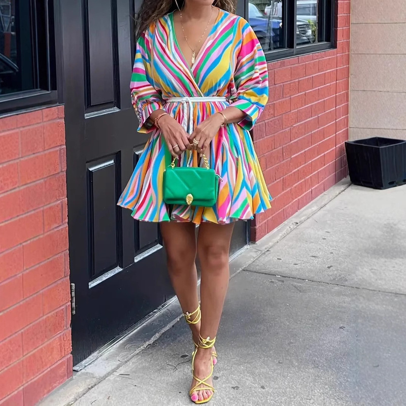 Cross-Border Colorful Striped V-Neck Dress with Belt, Vibrant Women's Casual A-Line Long Sleeve Dress